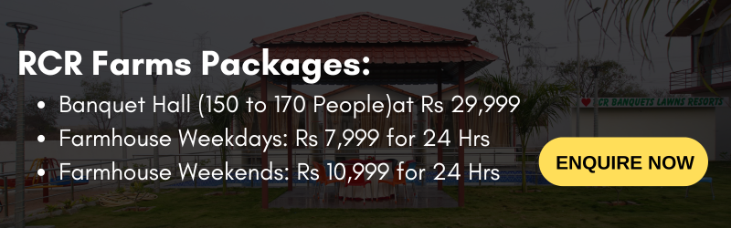 RCR Farms Hyderabad pricing packages: Banquet Hall for 150-170 people at ₹29,999, weekday farmhouse stay at ₹7,999, and weekend stay at ₹10,999.